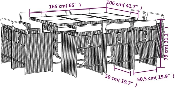 11 Piece Outdoor Dining Set with Cushions, Brown Poly Rattan Patio Furniture for Garden Backyard, Foldable Chairs with Tempered Glass Table, Space-Saving, Weatherproof