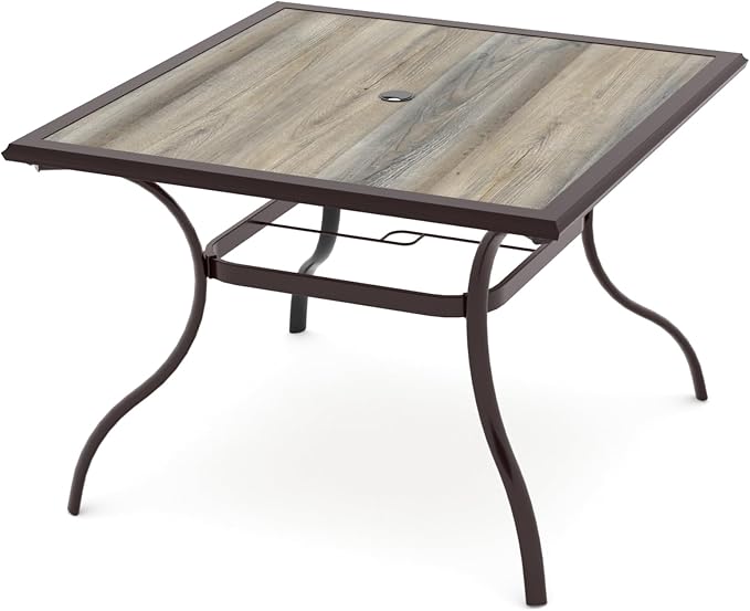 Anmutig Outdoor Dining Table with Square Wooden-Like PVC Table Top and Umbrella Hole for Bistro, Garden, Poolside, Backyard -Laminated Top Brown Metal Steel Frame