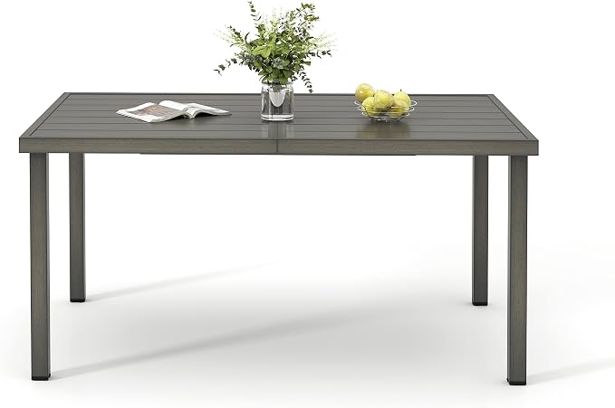 HAPPATIO Outdoor Dining Table for 6, 60" Rectangular Aluminum Patio Tabletop with Umbrella Hole, Rustproof Aluminum Frame for Poolside Lawn Garden