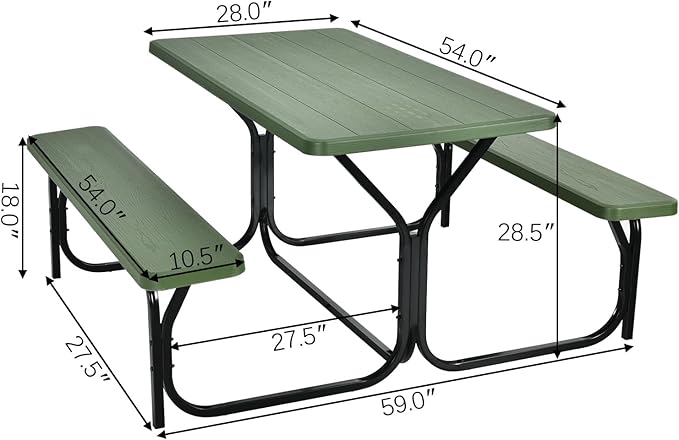 Picnic Table, Camping Portable Picnic Table Bench Set for 4 Persons, Heavy-Duty Steel Frame & Resin Tabletop, All Weather Outdoor Picnic Tables for Patio Travel BBQ Party Garden (Green)