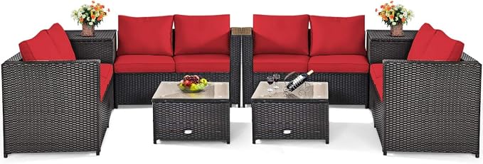 Tangkula 8 Piece Wicker Patio Set with Storage, All Weather-Proof Outdoor Conversation Set, with Loveseat, Glass Top Coffee Table & Storage Box, Suitable for Garden, Poolside, Sunroom (2, Red)