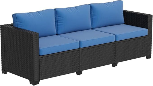 LazySunsets 1 Piece 3-Seats Outdoor Patio Sofa Outdoor Patio Furniture Set, Rattan Outdoor Sectional with Thick Waterproof Cushions, Waterproof Cover, Patio Conversation Set for Backyard, Navy Blue