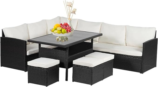 Outdoor Dining Sets 7 Pieces Patio Dining Table Set 9 Seats Rattan Outdoor Furniture Set with Glass Dining Table Sectional Sofas Ottoman Cushions for Patio Backyard Poolside Outdoor, Khaki