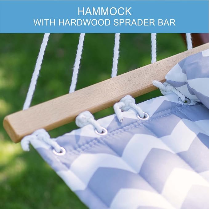 Lazy Daze 12 FT Quilted Hammock with Spreader Bar, 2-Person Double Hammock for Outside Patio Poolside Backyard Beach, 450 lbs Capacity, Gray Wave