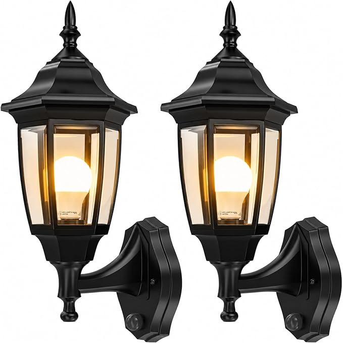 EMART Dusk to Dawn Plastic Outdoor Wall Light Fixtures(2 Pack, Black) | Include Bulbs, Waterproof and Anti-Corrosion, Wall Mount Porch Sconces for Outside, Garage, Front Door, House, Patio