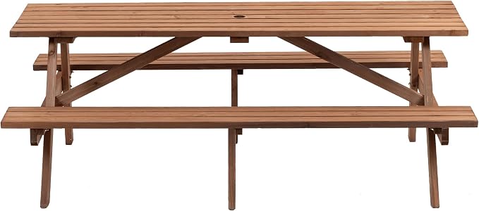 75" Wood Rectangular Picnic Tables with Benches and Umbrella Hole, Classic Picnic Table Bench Set for 6 or 8 Person for Outdoors, Backyard, Porch, Patio, and Deck, 2220lb Capacity,Walnut Brown