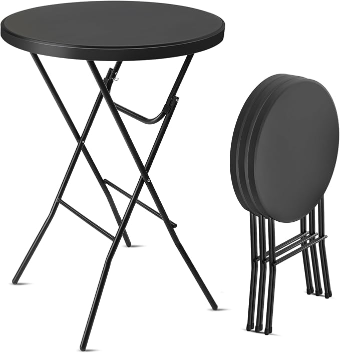 Bonnlo 32" Cocktail Table High Top Table, Folding Round Table Bar Height, HDPE Matrial with Gray Metal Finish for Outdoor Party, Backyard, Dining Room, Wedding Event,Black- 4PCS