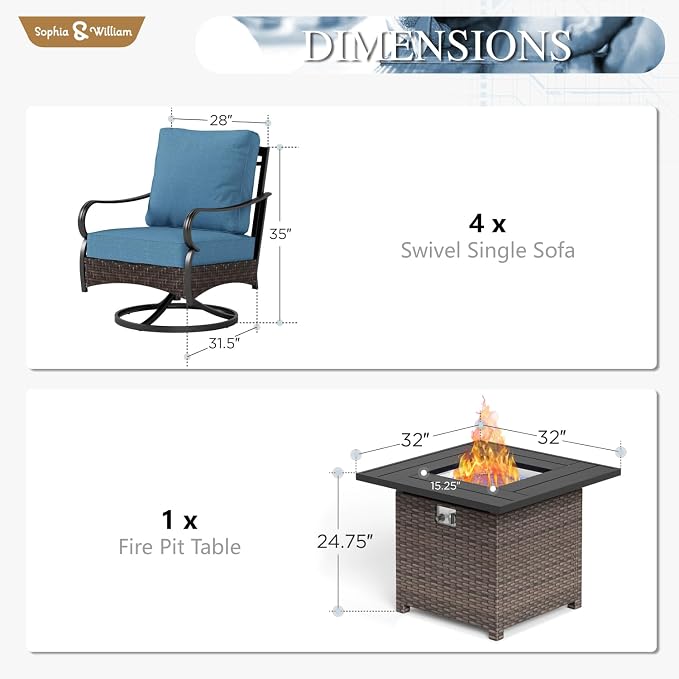 Sophia & William Patio Furniture Set with Fire Pit Table, 5 PCS Metal Outdoor Conversation Set Sofa Couch with Fire Pit Table, 4 Swivel Chairs for Outdoor Seating, Backyard, Porch(Navy)