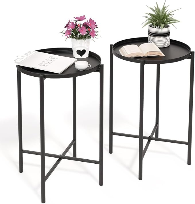 VINGLI Round Metal Side Table with Removable Tray, Outdoor Patio Coffee Table, Waterproof End Table for Small Spaces, Outdoor Patio, Living Room, Bedroom, Balcony (X-Brace & Non-Slip Pads) (2, Black)