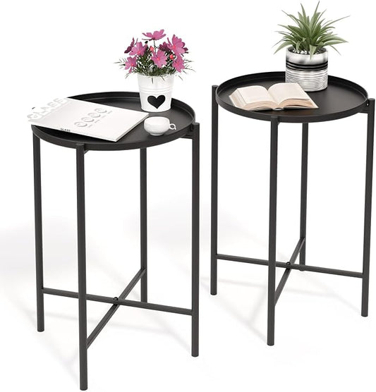 VINGLI Round Metal Side Table with Removable Tray, Outdoor Patio Coffee Table, Waterproof End Table for Small Spaces, Outdoor Patio, Living Room, Bedroom, Balcony (X-Brace & Non-Slip Pads) (2, Black)