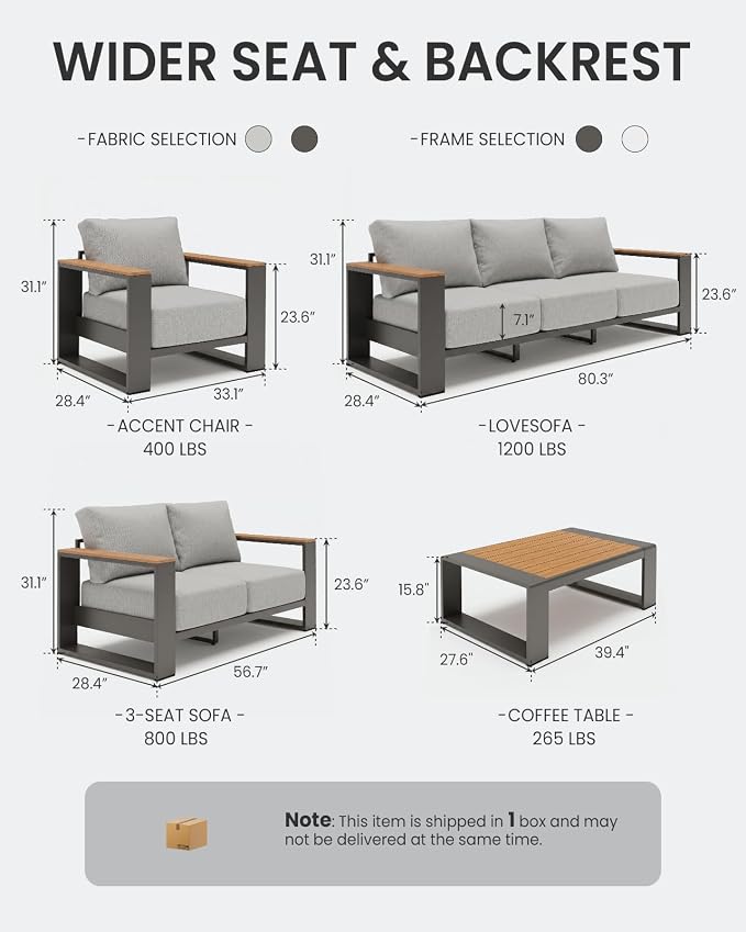 Oversized Aluminum Patio Furniture, 1 Piece Luxury Outdoor Furniture with 7.1" Extra Thick Cushion, Modern Outdoor Sectional 3-Seat Sofa for Porch, Garden and Deck, Gray