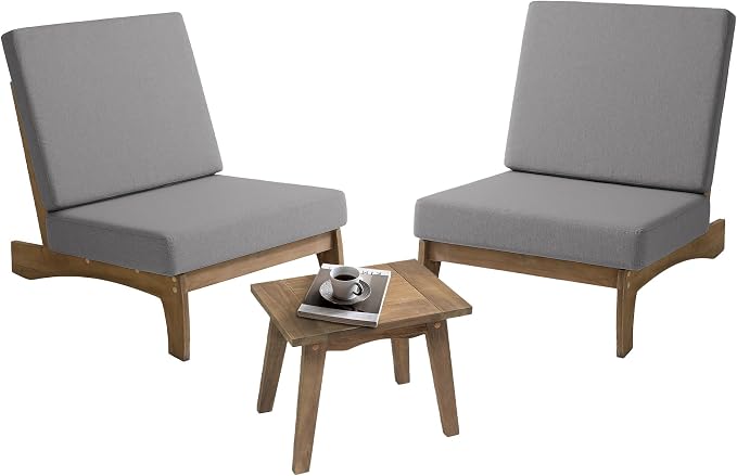 3 Piece Wood Patio Chair Outdoor Bistro Set, All Weather Outdoor Furniture Patio Sofa Chair Backyard Seating Group Conversation Sets with Wooden Side Table - Gray