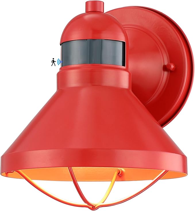 Motion Sensor Outdoor LED Wall Sconce Dusk to Dawn Exterior Barn Lighting | Red Outside Porch Light Fixture Waterproof Farmhouse Wall Mount Lamp for House Garage Entryway