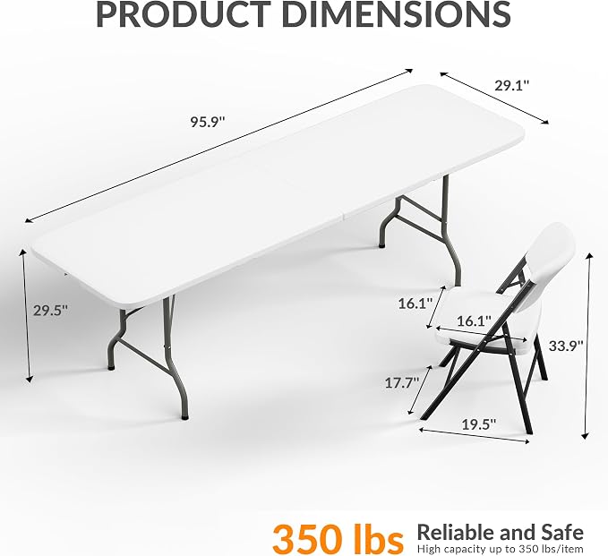 Elevon Folding Table Set with 10 White Folding Chairs,8 Feet Heavy Duty Fold-in-Half Utility Table Sets for Picnic, Event, Training, Outdoor Activities, at Home and Commercial Use
