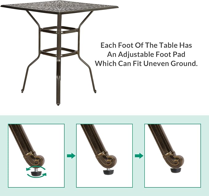 VIVIJASON 35.4" Patio Height Bar Table, All-Weather Cast Aluminum Bar Bistro Table Outdoor Patio Square Dining Table with 2.2" Umbrella Hole for Balcony, Lawn, Garden, Backyard, Antique Bronze