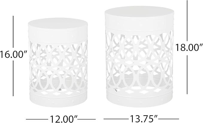 IRONORA Set of 2 White Metal Outdoor Side Tables, Round Patio End Tables, Weather Resistant Accent Stools, Geometric Cutout Design, Indoor & Outdoor Decorative Tables for Garden, Balcony, Living Room
