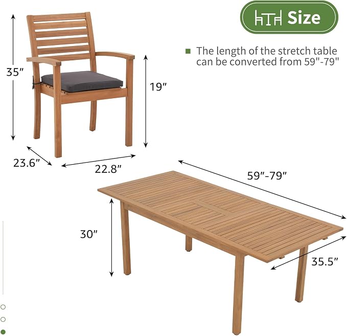 OC Orange-Casual 5 Piece Patio Dining Set, Outdoor Acacia Wood Furniture Set, Extendable Rectangular Solid Table and 4 Stackable Chairs for Lawn Backyard and Deck, Dark Grey Cushion