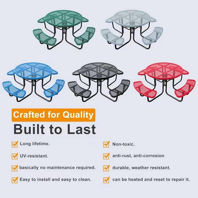 46In Round Outdoor Picnic Table – Heavy-Duty Commercial Steel Table with Thermoplastic Coating, Weatherproof & Rust-Resistant, Perfect for Parks, Patios, Schools & Campgrounds (Blue)