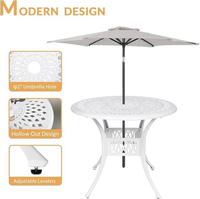 5-Piece Outdoor Patio Dining Set, All-Weather Cast Aluminum Patio Furniture Set with 4 Chairs and 35.4" Round Table for Backyard Garden Deck, 2" Umbrella Hole, White