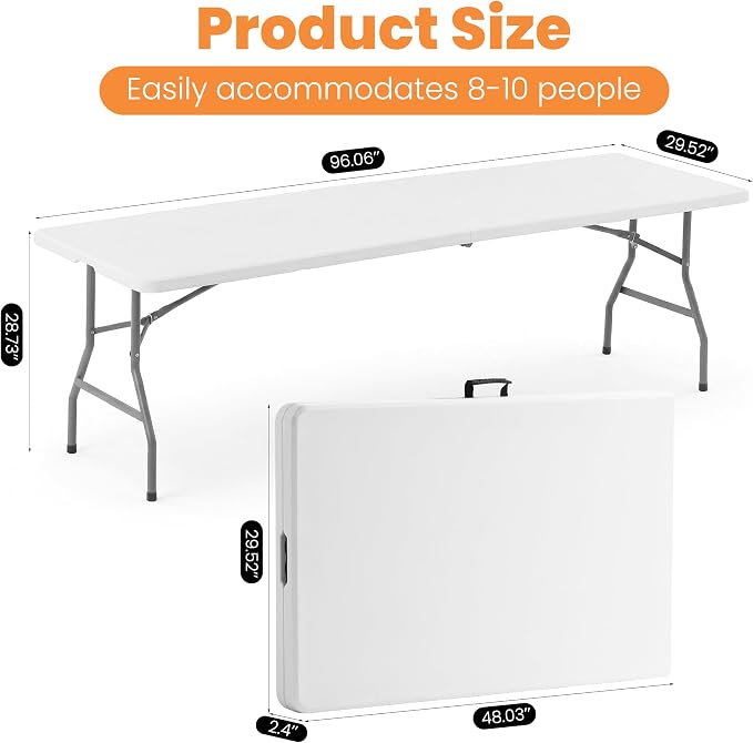 8 FT Heavy Duty Folding Table, Portable Plastic Table with Steel Legs & Carry Handle, Fold-in-Half Design for Indoor Outdoor, Party, Picnic, Camping, Dining (White)