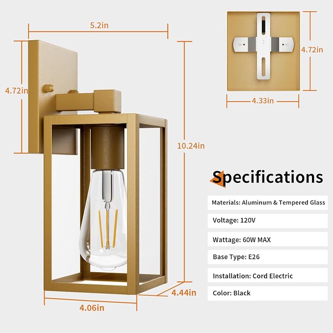 Outdoor Light Fixtures Wall Mount, Waterproof Front Porch Lights, Modern Exterior Lighting Fixtures with E26 Socket, Gold Wall Sconces Lantern Lamp, Outside Lights for House, Garage, Patio (2 Pack）