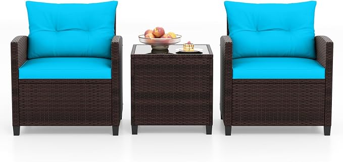 3-Pieces Patio Furniture Set, PE Wicker Chairs Sofa Set with Removable Cushions & Glass Top Side Table, Outdoor Wicker Rattan Conversation Chair for Porch,Backyard, Balcony (Turquoise)