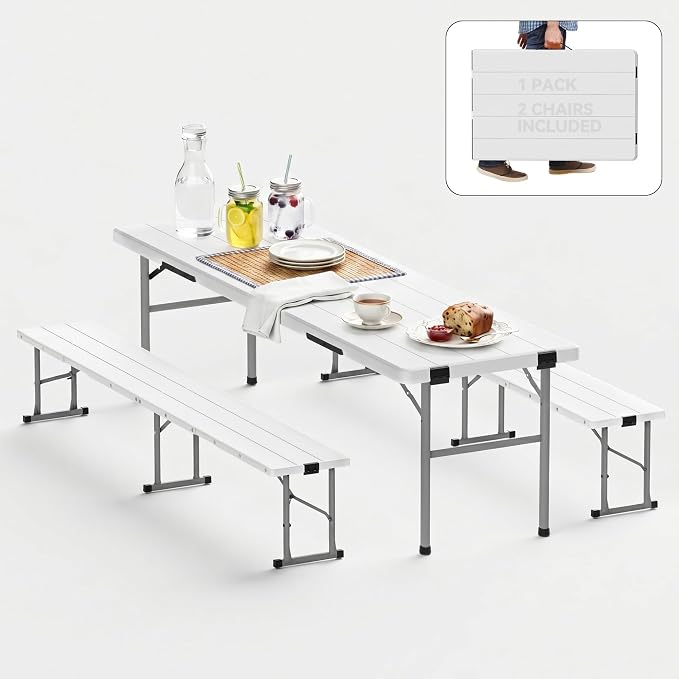 6FT All-in-One Folding Table and Chair Set, Seats 6-8, Chairs Store Inside to Form Carrying Case, Heavy Duty HDPE & Steel, Portable Space-Saving for Outdoor, Party, Camping, Picnic, White