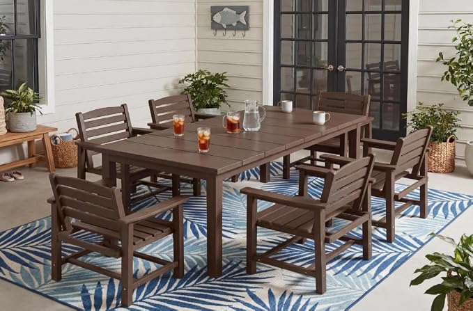 HDPE 7-Piece Outdoor Dining Set with Armchairs, Brown | All Weather Patio Table and Chairs with Umbrella Hole, Patio Furniture Dining Set for Lawn, Garden, Deck, Backyard