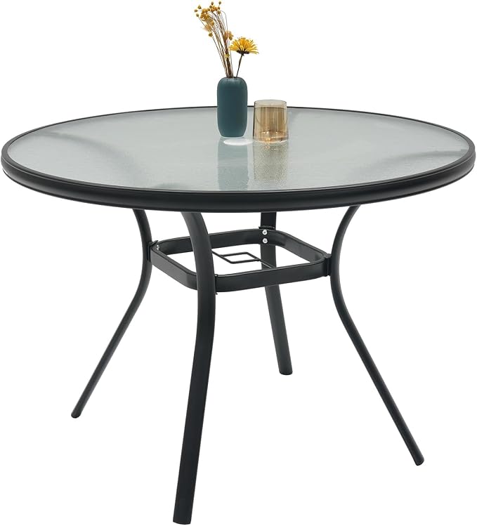 4 Person 40" Glass Outdoor Patio Round Dining Table with Black Metal Frame | Glass Table Top, Black Metal Frame, All Weather, Rust Free, 4 Person Use