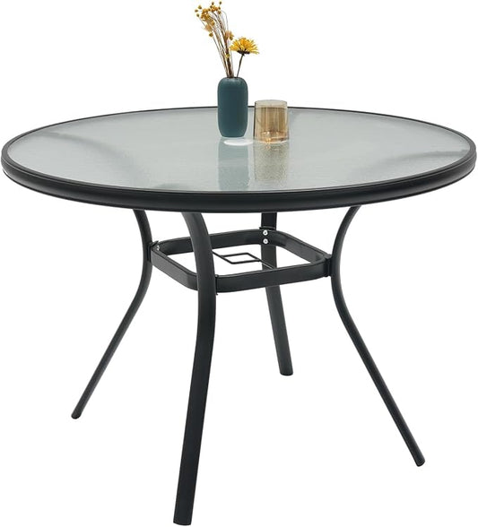 4 Person 40" Glass Outdoor Patio Round Dining Table with Black Metal Frame | Glass Table Top, Black Metal Frame, All Weather, Rust Free, 4 Person Use