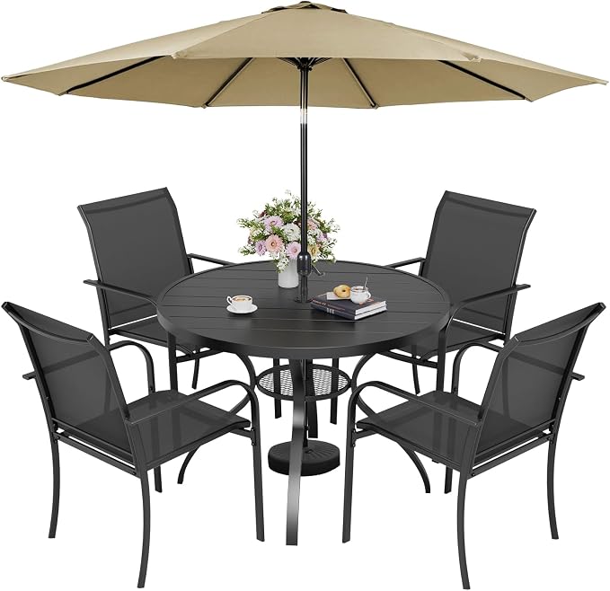 5-Piece Patio Dining Set with Umbrella,4 Person Outdoor Table and Chairs Set, 4 Metal Dining Chairs and Round Outdoor Table with 1.57" Umbrella Hole,Black