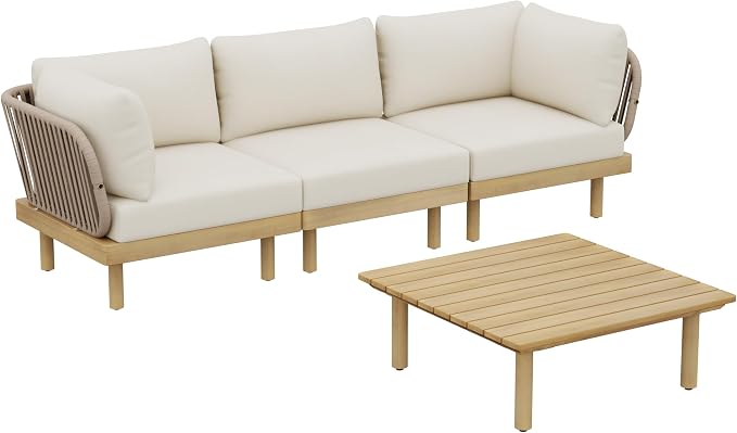 Christopher Knight Home John 4 Piece Patio Furniture Set with Slatted Coffee Table, Outdoor Sofa Set with Rope Back & Cushions, Modern Acacia Wood Sectional Conversation Set, Beige+Cream+Light Teak