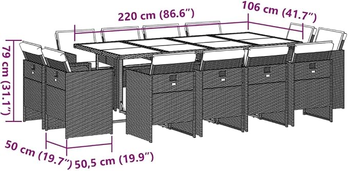13-Piece Gray Poly Rattan Outdoor Patio Furniture Set with Tempered Glass Table and Cushions for Backyard Garden Porch Balcony Dining Space-Saving Design