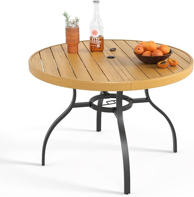 41" Round Outdoor Dining Table for 4, Metal Round Patio Table with Umbrella Hole, All-Weather Outdoor Patio Dining Table for Lawn Garden Deck Backyard (Brown)