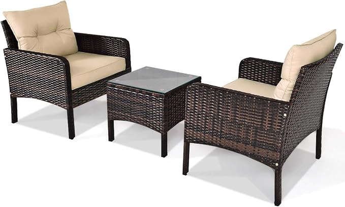 HAPPYGRILL 3 Pieces Patio Furniture Set Outdoor Rattan Wicker Coffee Table & Chairs Set with Seat Cushions Patio Conversation Set for Garden Balcony Backyard Poolside