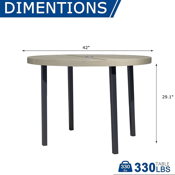 42" Round Patio Table with Umbrella Hole, Metal Outdoor Dining Table for Garden, Backyard and Deck, 4 Person Round Patio Dining Table for Outside, Honey Oak