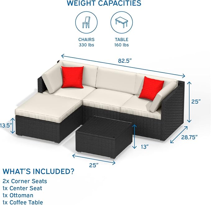 Nestl Outdoor Patio Furniture Sectional, Black Base/Off White Cushions