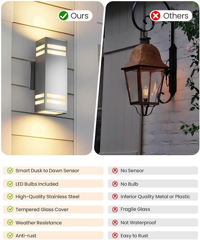 SHIMR Dusk to Dawn Outdoor Lighting, Stainless Steel Modern Sconce, 2 Pack | Brushed Nickel Finish, Up and Down, E26 Base, Bulbs Include, Exterior Light Fixture for Porch Garage Patio