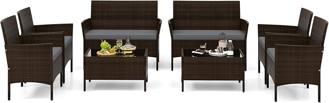 Tangkula 8 Piece Patio Rattan Conversation Set, Outdoor Wicker Furniture Set with Chair, Loveseat & Tempered Glass Table, Cozy Seat Cushions, Outside Sectional Sofa Set for Backyard, Porch (2, Grey)