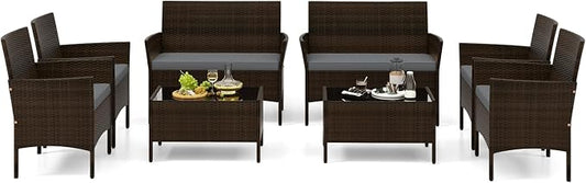 Tangkula 8 Piece Patio Rattan Conversation Set, Outdoor Wicker Furniture Set with Chair, Loveseat & Tempered Glass Table, Cozy Seat Cushions, Outside Sectional Sofa Set for Backyard, Porch (2, Grey)