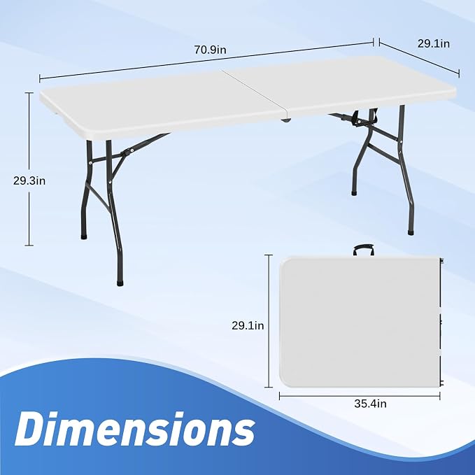6FT Folding Table, Heavy Duty Plastic Table Portable Fold-in-Half Utility Table Indoor Outdoor Picnic Table w/Handle & Lock for Camping BBQ Party Wedding Market Events, 500LBS