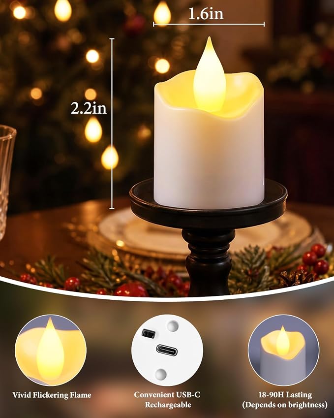TOWPONICS Rechargeable Tea Lights with Remote, Timer & Charging Base | 12 Pack LED Votive Candles, Battery Operated Flickering Flameless Candles for Home, Wedding, Party, Halloween, Xmas Decor