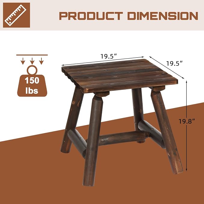 HOMEDIARY Wooden Adirondack Log Side Table, Cedar Wood Outdoor Square End Table w/Slatted Tabletop, Oversize 19.5” Indoor Outdoor Patio Side Coffee Table for Garden Patio Backyard Porch, Carbonized