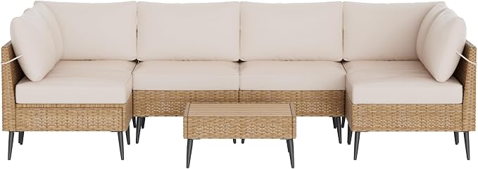 Outdoor Patio Furniture Set, 7 Piece Outdoor Sectional Sofa Wicker Patio Conversation Couch Set, All Weather PE Rattan Sofa with Table and Cushions for Garden, Poolside, Backyard (Beige)