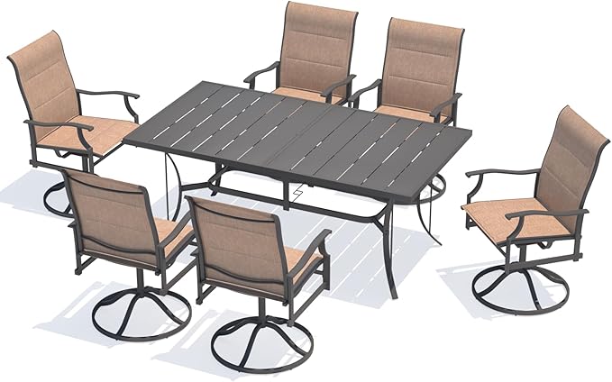 BUPPLEE Outdoor Patio Dining Set with 6 Swivel Chairs, Metal Table with Umbrella Hole, 7-Piece Patio Table and Chairs for Backyard, Poolside, Balcony and Garden (Brown)