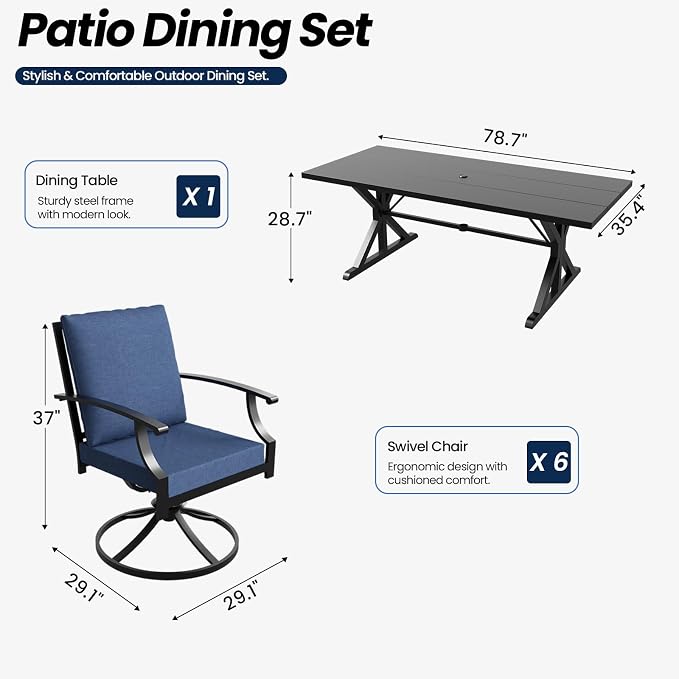 7 Piece Outdoor Dining Set for 6, Metal Patio Table and Chairs with Cushions, Patio Furniture Set with 6 Swivel Chairs, Rectangular Metal Dining Table with Umbrella Hole, Lawn Deck Yard-Navy