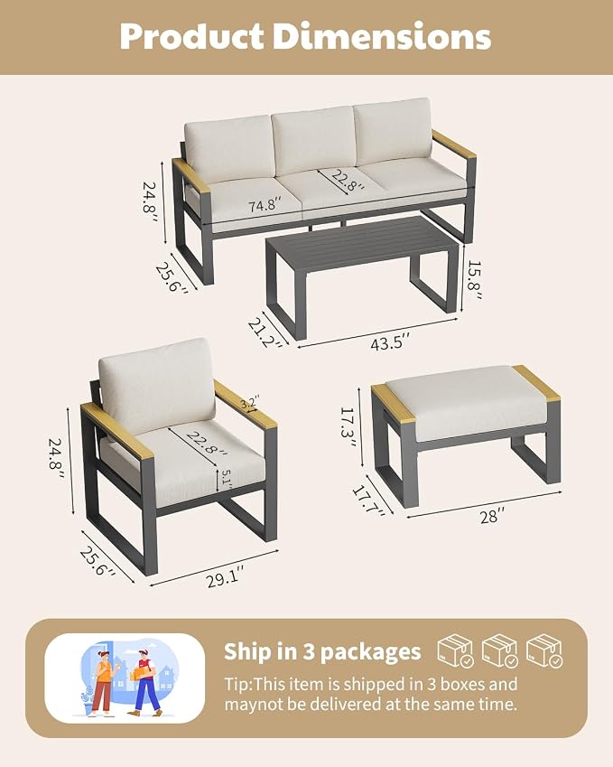 IDEALHOUSE Aluminum Patio Furniture Set, 7 Seats Outdoor Patio Conversation Sets with Coffee Table, 6 Pieces Metal Conversation Sectional Furniture Sofa for Balcony, Garden, Deck, Backyard,Beige