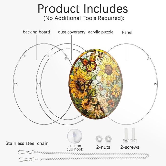 Acrylic Puzzle Suncatcher, Sunflower and Butterfly Stained Glass Window Hanging, Sun Catcher Puzzle Kit Home Decor, Creative Mothers Day and Birthdays Gifts for Mom, Wife, Sisters, 7.87 inch