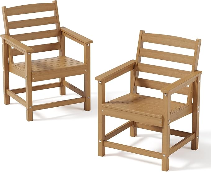 Outdoor HDPE Patio Dining Chair Set of 2, All-Weather Outdoor Chair, Patio Furniture for Garden, Backyard, Deck (Teak)