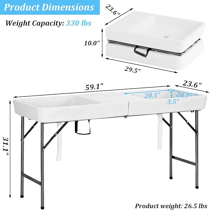 5 Foot Folding Ice Cooler, Outdoor Buffet Cold Food Keeper with Drain Hose, Foldable Beverage Cooler Buffet Salad Serving Chill Table for Party, Picnic, BBQ, Camping